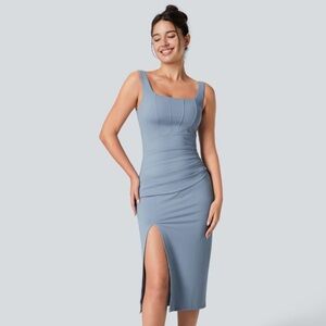 Halara Softlyzero™ Airy Square Neck Backless Corset Ruched Split Bodycon